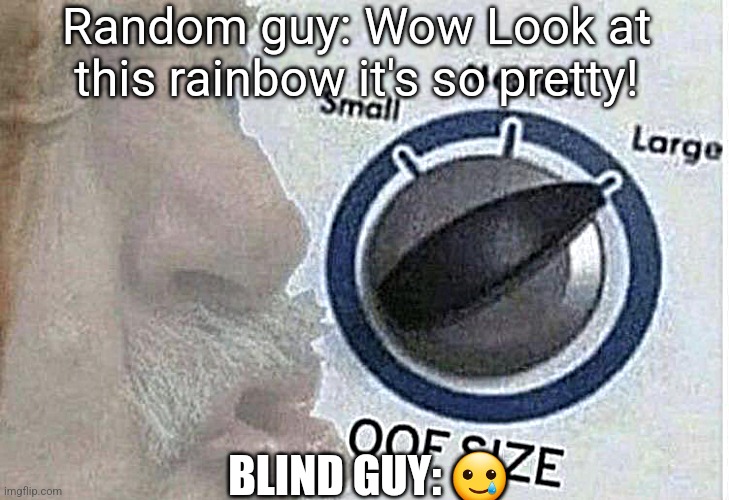 Epic tittttttle | Random guy: Wow Look at this rainbow it's so pretty! BLIND GUY: 🥲 | image tagged in oof size large | made w/ Imgflip meme maker