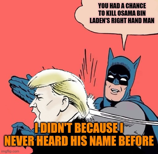 The stable genius strikes again, remember he said he knows more than the generals. Believe him! | YOU HAD A CHANCE TO KILL OSAMA BIN LADEN'S RIGHT HAND MAN; I DIDN'T BECAUSE I NEVER HEARD HIS NAME BEFORE | image tagged in batman slaps trump | made w/ Imgflip meme maker