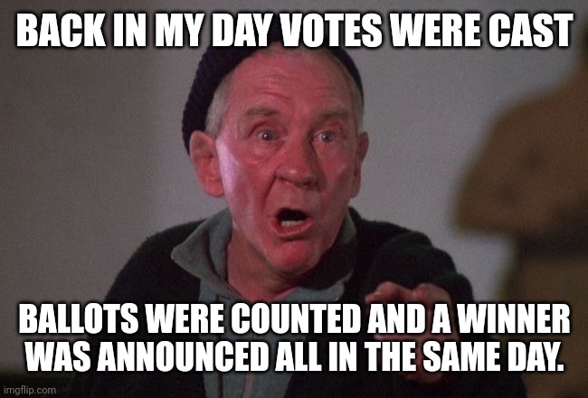 Not too long ago. | BACK IN MY DAY VOTES WERE CAST; BALLOTS WERE COUNTED AND A WINNER WAS ANNOUNCED ALL IN THE SAME DAY. | image tagged in mickey from rocky | made w/ Imgflip meme maker