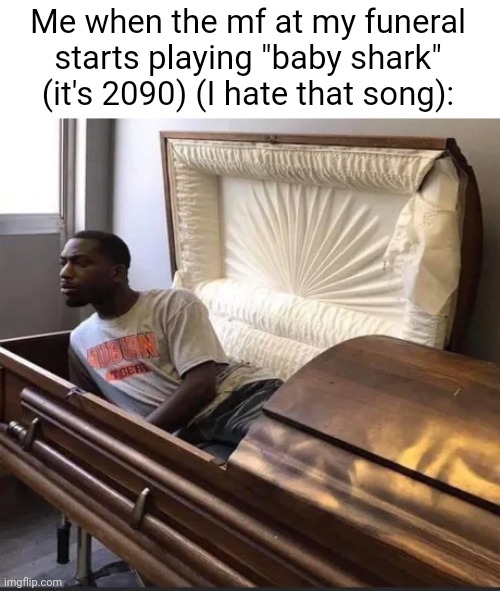 *realives* *loads m11* "TURN THAT SHIT OFF!" | Me when the mf at my funeral starts playing "baby shark" (it's 2090) (I hate that song): | image tagged in coffin | made w/ Imgflip meme maker