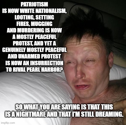 If only it WERE a dream. | PATRIOTISM IS NOW WHITE NATIONALISM, LOOTING, SETTING FIRES, MUGGING AND MURDERING IS NOW A MOSTLY PEACEFUL PROTEST, AND YET A GENUINELY MOSTLY PEACEFUL AND UNARMED PROTEST IS NOW AN INSURRECTION TO RIVAL PEARL HARBOR? SO WHAT YOU ARE SAYING IS THAT THIS IS A NIGHTMARE AND THAT I'M STILL DREAMING. | image tagged in limmy waking up | made w/ Imgflip meme maker