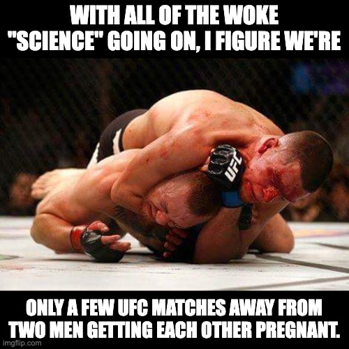 Woke | WITH ALL OF THE WOKE "SCIENCE" GOING ON, I FIGURE WE'RE; ONLY A FEW UFC MATCHES AWAY FROM TWO MEN GETTING EACH OTHER PREGNANT. | image tagged in ufc196 | made w/ Imgflip meme maker