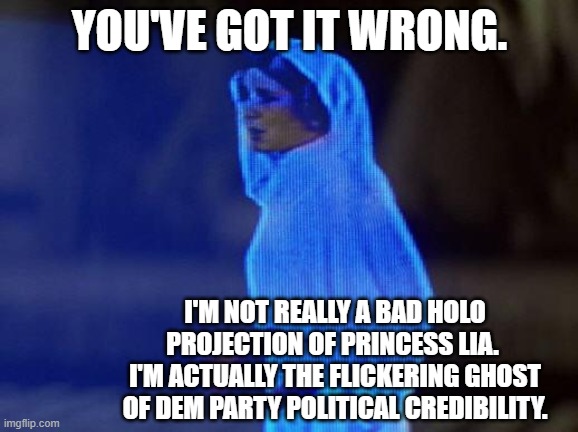 Actually that would make sense. | YOU'VE GOT IT WRONG. I'M NOT REALLY A BAD HOLO PROJECTION OF PRINCESS LIA.  I'M ACTUALLY THE FLICKERING GHOST OF DEM PARTY POLITICAL CREDIBILITY. | image tagged in help me obi wan | made w/ Imgflip meme maker