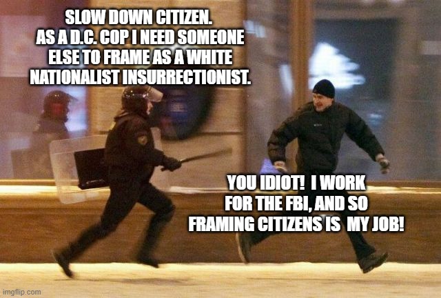This really is how it works.  Let's cease pretending otherwise. | SLOW DOWN CITIZEN.  AS A D.C. COP I NEED SOMEONE ELSE TO FRAME AS A WHITE NATIONALIST INSURRECTIONIST. YOU IDIOT!  I WORK FOR THE FBI, AND SO FRAMING CITIZENS IS  MY JOB! | image tagged in police chasing guy | made w/ Imgflip meme maker
