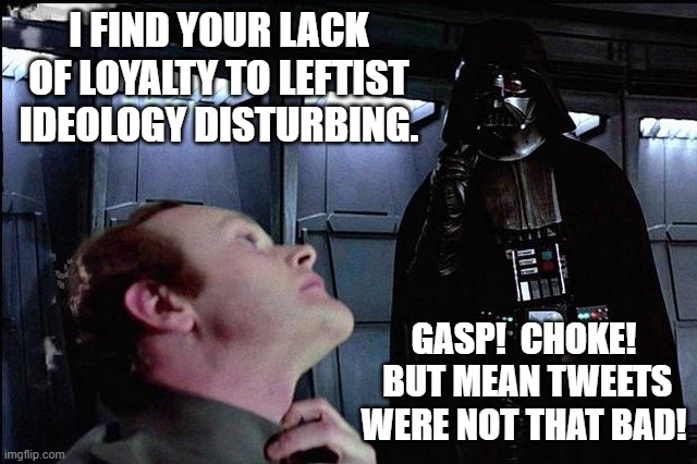 In retrospect even the average Dem Party voter now seems to be coming to that conclusion. | I FIND YOUR LACK OF LOYALTY TO LEFTIST IDEOLOGY DISTURBING. GASP!  CHOKE!  BUT MEAN TWEETS WERE NOT THAT BAD! | image tagged in i find your lack of faith disturbing | made w/ Imgflip meme maker