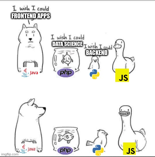 I wish I could programming languages |  FRONTEND APPS; DATA SCIENCE; BACKEND | image tagged in i wish i could fly walk swim duck,javascript,java,php,python | made w/ Imgflip meme maker