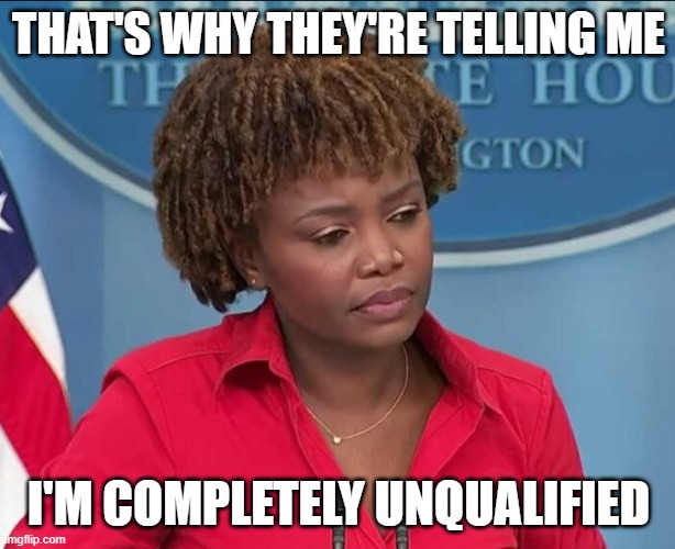 Karine Jean-Pierre | THAT'S WHY THEY'RE TELLING ME I'M COMPLETELY UNQUALIFIED | image tagged in karine jean-pierre | made w/ Imgflip meme maker