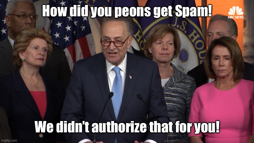 Democrat congressmen | How did you peons get Spam! We didn’t authorize that for you! | image tagged in democrat congressmen | made w/ Imgflip meme maker