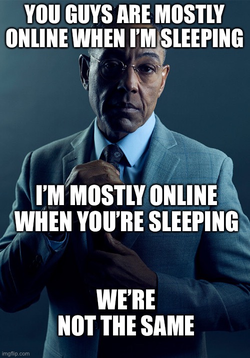 Gus Fring we are not the same | YOU GUYS ARE MOSTLY ONLINE WHEN I’M SLEEPING; I’M MOSTLY ONLINE WHEN YOU’RE SLEEPING; WE’RE NOT THE SAME | image tagged in gus fring we are not the same | made w/ Imgflip meme maker