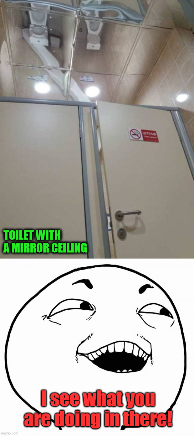 Why would someone do this? |  TOILET WITH
A MIRROR CEILING; I see what you are doing in there! | image tagged in i see what you did there,peeping tom,bathroom humor | made w/ Imgflip meme maker