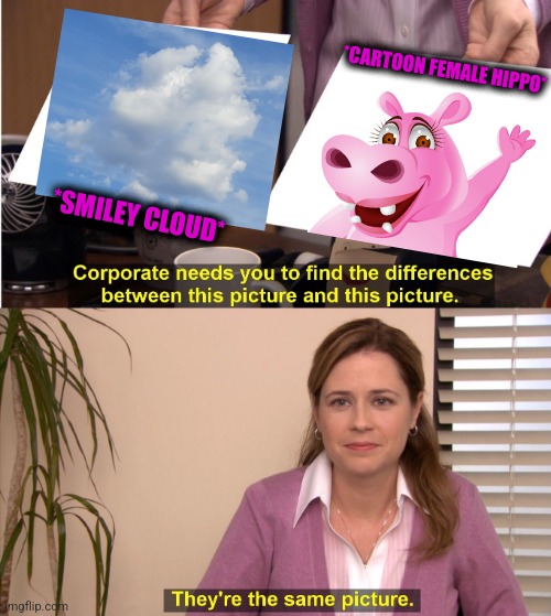 -Pink joy. | *CARTOON FEMALE HIPPO*; *SMILEY CLOUD* | image tagged in memes,they're the same picture,female logic,cartoon week,hippopotamus,totally looks like | made w/ Imgflip meme maker