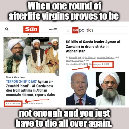 Double the Deaths = Double the Babes | When one round of afterlife virgins proves to be; not enough and you just have to die all over again. | image tagged in al qaeda,terrorism,drone strikes,islam,joe biden,nine lives | made w/ Imgflip meme maker