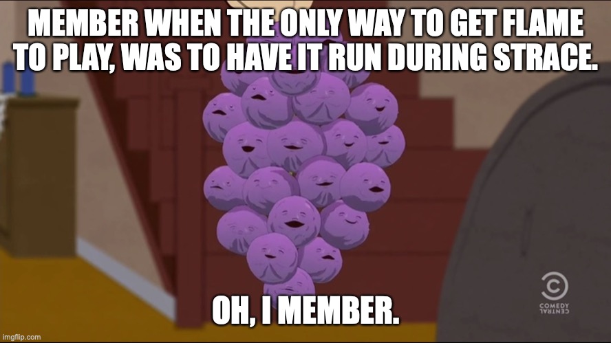 Member Berries Meme | MEMBER WHEN THE ONLY WAY TO GET FLAME TO PLAY, WAS TO HAVE IT RUN DURING STRACE. OH, I MEMBER. | image tagged in memes,member berries | made w/ Imgflip meme maker