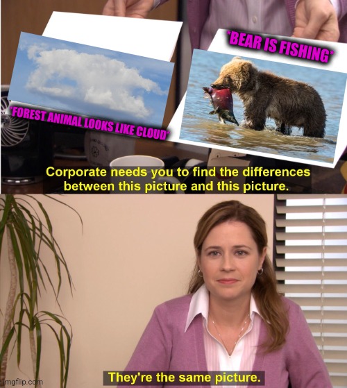 -So small but could to catch a lunch. | *BEAR IS FISHING*; *FOREST ANIMAL LOOKS LIKE CLOUD* | image tagged in memes,they're the same picture,bear grylls,fishing for upvotes,river,totally looks like | made w/ Imgflip meme maker