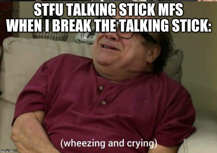*wheezing and crying* | STFU TALKING STICK MFS WHEN I BREAK THE TALKING STICK: | image tagged in wheezing and crying | made w/ Imgflip meme maker