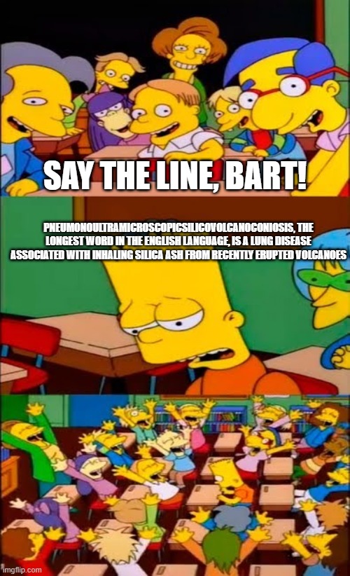 say the line bart! simpsons | SAY THE LINE, BART! PNEUMONOULTRAMICROSCOPICSILICOVOLCANOCONIOSIS, THE LONGEST WORD IN THE ENGLISH LANGUAGE, IS A LUNG DISEASE ASSOCIATED WITH INHALING SILICA ASH FROM RECENTLY ERUPTED VOLCANOES | image tagged in say the line bart simpsons | made w/ Imgflip meme maker
