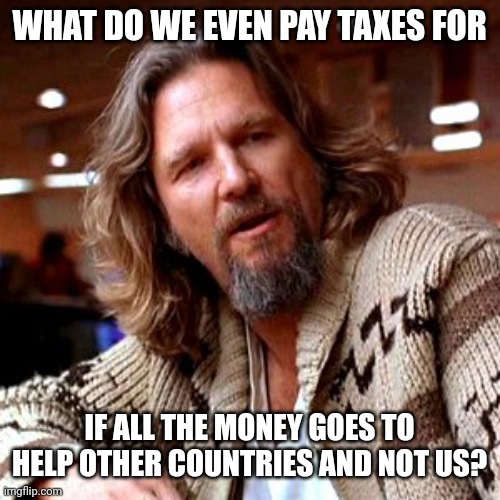 Just stop paying. | WHAT DO WE EVEN PAY TAXES FOR; IF ALL THE MONEY GOES TO HELP OTHER COUNTRIES AND NOT US? | image tagged in memes,confused lebowski | made w/ Imgflip meme maker