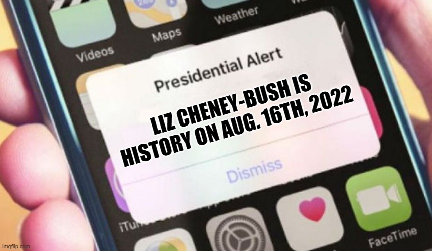 Liz Cheney-Bush is history on Aug. 16th, 2022 | LIZ CHENEY-BUSH IS HISTORY ON AUG. 16TH, 2022 | image tagged in memes,presidential alert | made w/ Imgflip meme maker