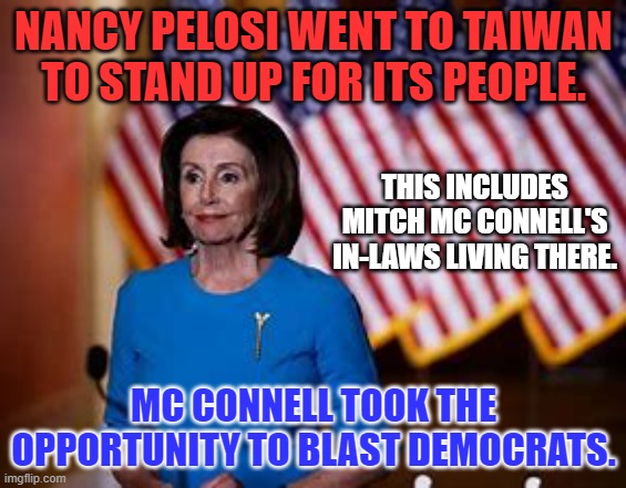Mc Connell is a classless and purely partisan slug. | NANCY PELOSI WENT TO TAIWAN TO STAND UP FOR ITS PEOPLE. THIS INCLUDES MITCH MC CONNELL'S IN-LAWS LIVING THERE. MC CONNELL TOOK THE OPPORTUNITY TO BLAST DEMOCRATS. | made w/ Imgflip meme maker