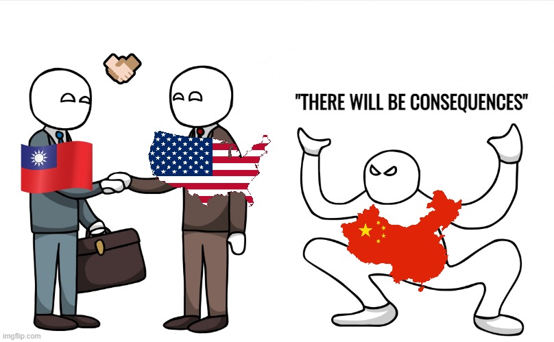 Lmao | 🤝🏻; "THERE WILL BE CONSEQUENCES" | image tagged in china,usa,taiwan | made w/ Imgflip meme maker