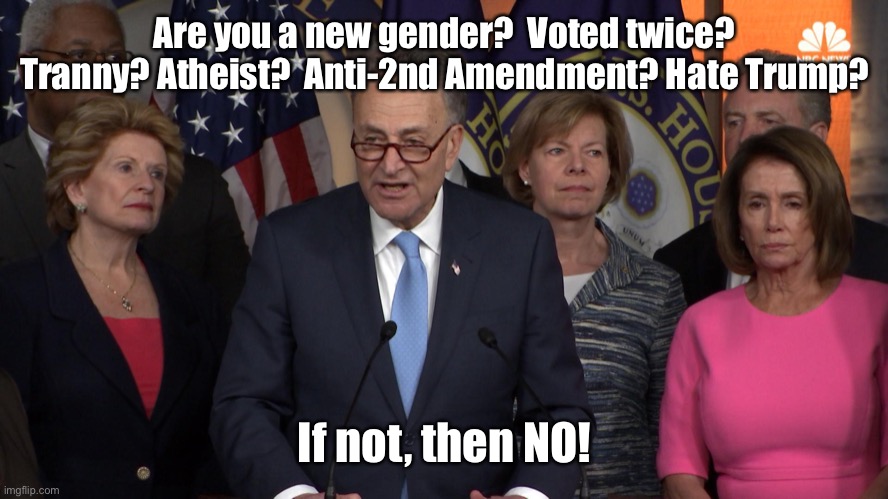 Democrat congressmen | Are you a new gender?  Voted twice? Tranny? Atheist?  Anti-2nd Amendment? Hate Trump? If not, then NO! | image tagged in democrat congressmen | made w/ Imgflip meme maker