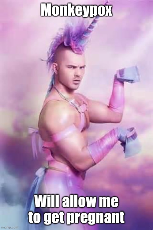 Gay Unicorn | Monkeypox Will allow me to get pregnant | image tagged in gay unicorn | made w/ Imgflip meme maker