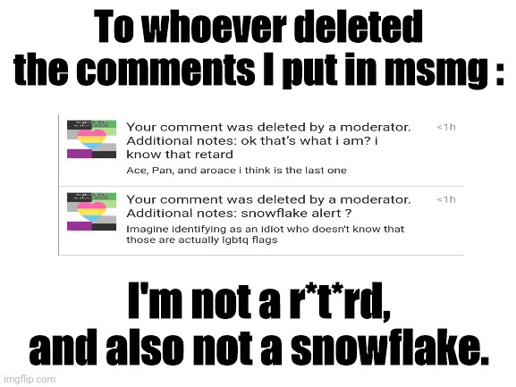 incase someone from msmg follows this stream I put this | To whoever deleted the comments I put in msmg :; I'm not a r*t*rd, and also not a snowflake. | image tagged in blank white template | made w/ Imgflip meme maker