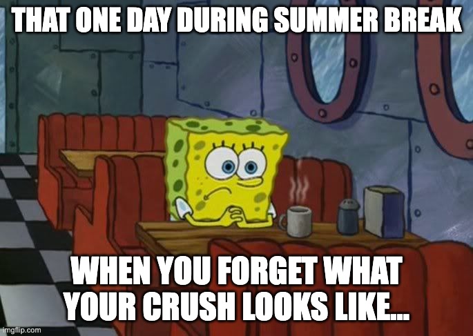 Sad Spongebob | THAT ONE DAY DURING SUMMER BREAK; WHEN YOU FORGET WHAT YOUR CRUSH LOOKS LIKE... | image tagged in sad spongebob | made w/ Imgflip meme maker