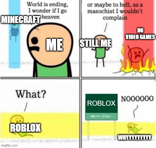 when the cringe gets to you | MINECRAFT; NO VIDEO GAMES; STILL ME; ME; ROBLOX; ROBLOX; WHYYYYYYYYY | image tagged in guy goes to insert text here | made w/ Imgflip meme maker