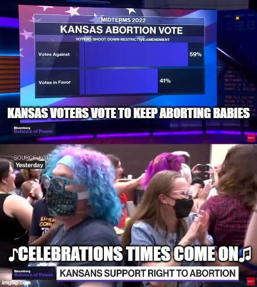 kansas voters are pro-death | KANSAS VOTERS VOTE TO KEEP ABORTING BABIES; ♪CELEBRATIONS TIMES COME ON♫ | image tagged in voters,kansas,abortion | made w/ Imgflip meme maker
