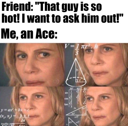 Is this the same with other asexuals? | Friend: "That guy is so hot! I want to ask him out!"; Me, an Ace: | image tagged in math lady/confused lady | made w/ Imgflip meme maker