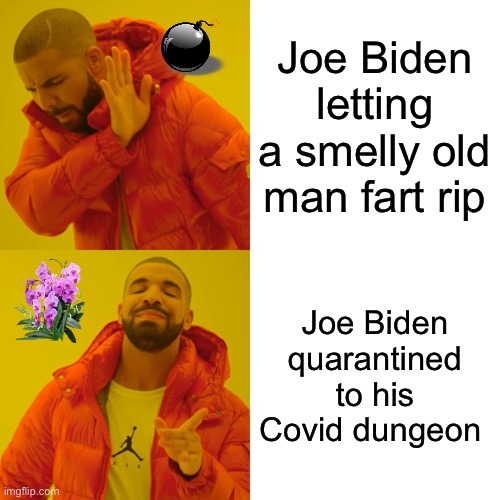 Drake Hotline Bling | Joe Biden letting a smelly old man fart rip; Joe Biden quarantined to his Covid dungeon | image tagged in memes,drake hotline bling,joe biden | made w/ Imgflip meme maker