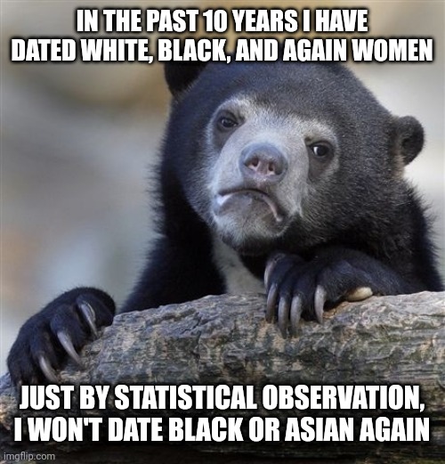Confession Bear Meme | IN THE PAST 10 YEARS I HAVE DATED WHITE, BLACK, AND AGAIN WOMEN; JUST BY STATISTICAL OBSERVATION, I WON'T DATE BLACK OR ASIAN AGAIN | image tagged in memes,confession bear | made w/ Imgflip meme maker