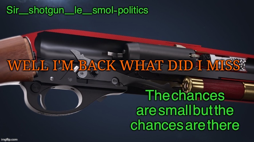 Hm | WELL I'M BACK WHAT DID I MISS | image tagged in shotgun template again | made w/ Imgflip meme maker
