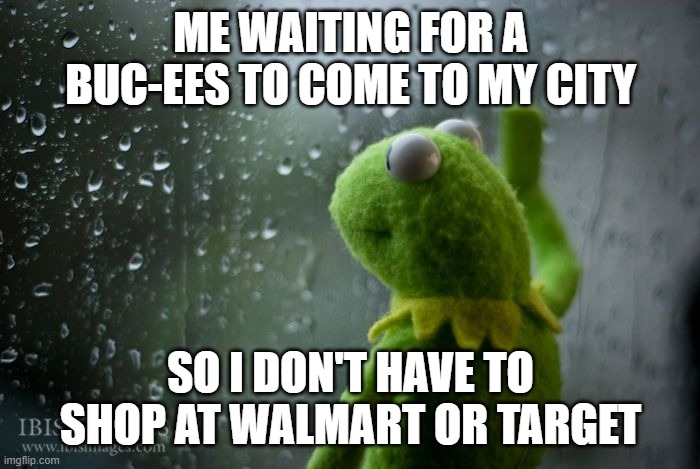 kermit window | ME WAITING FOR A BUC-EES TO COME TO MY CITY; SO I DON'T HAVE TO SHOP AT WALMART OR TARGET | image tagged in kermit window | made w/ Imgflip meme maker