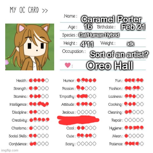 I'll be sharing Oreo with you guys soon :D | Caramel Porter; 16; Feb 21; Cat/Human Hybrid; 4'11; idk; Sort of an artist? Oreo Hall | image tagged in oc card template,caramel | made w/ Imgflip meme maker