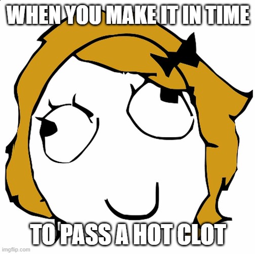 derpina_happy | WHEN YOU MAKE IT IN TIME; TO PASS A HOT CLOT | image tagged in derpina_happy | made w/ Imgflip meme maker