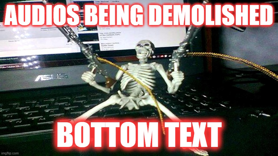 skeleton on laptop | AUDIOS BEING DEMOLISHED BOTTOM TEXT | image tagged in skeleton on laptop | made w/ Imgflip meme maker