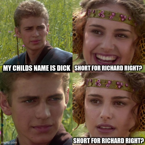 ... | MY CHILDS NAME IS DICK; SHORT FOR RICHARD RIGHT? SHORT FOR RICHARD RIGHT? | image tagged in anakin padme 4 panel,dirty humor,dick | made w/ Imgflip meme maker