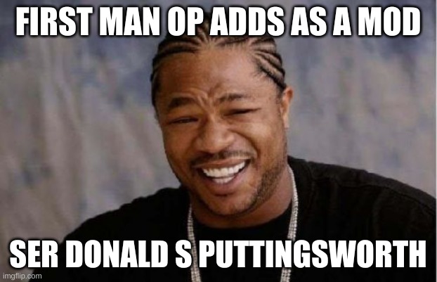 Yo Dawg Heard You | FIRST MAN OP ADDS AS A MOD; SER DONALD S PUTTINGSWORTH | image tagged in memes,yo dawg heard you | made w/ Imgflip meme maker