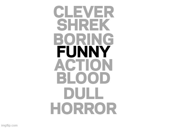 Funny Stuff | SHREK; CLEVER; BORING; FUNNY; ACTION; BLOOD; DULL; HORROR | image tagged in blank white template,memes,funny | made w/ Imgflip meme maker