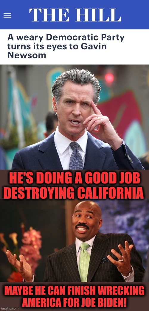 Finish it! | HE'S DOING A GOOD JOB
DESTROYING CALIFORNIA; MAYBE HE CAN FINISH WRECKING
AMERICA FOR JOE BIDEN! | image tagged in memes,steve harvey,gavin newsom,joe biden,democrats,destruction of america | made w/ Imgflip meme maker