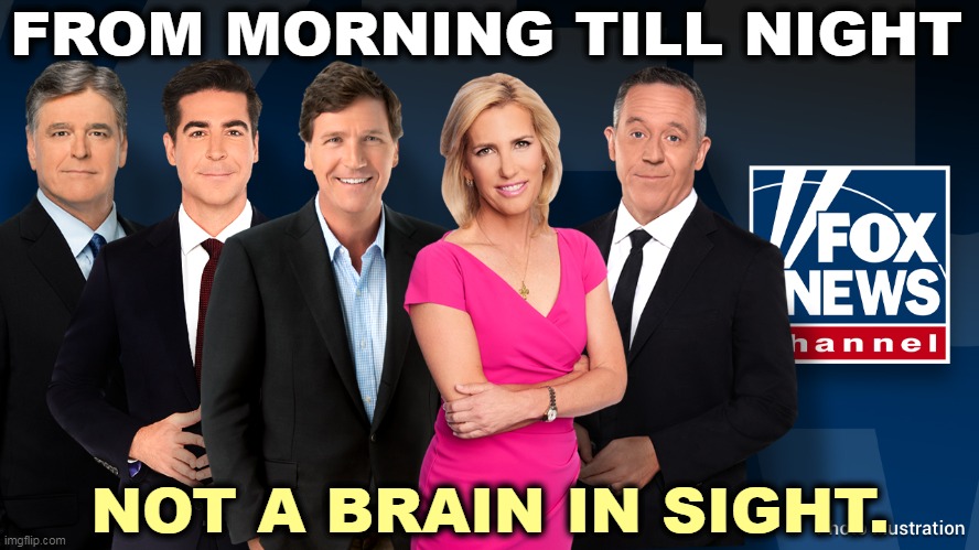 How to Destroy America for Fun and Profit. | FROM MORNING TILL NIGHT; NOT A BRAIN IN SIGHT. | image tagged in fox news,hannity,tucker carlson,ingraham,gutfeld,greedy | made w/ Imgflip meme maker