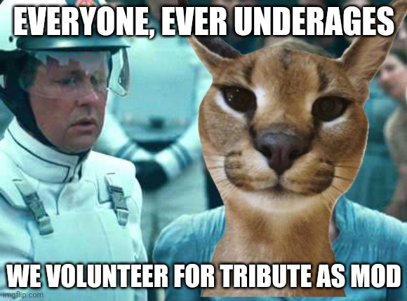EVERYONE, EVER UNDERAGES; WE VOLUNTEER FOR TRIBUTE AS MOD | made w/ Imgflip meme maker