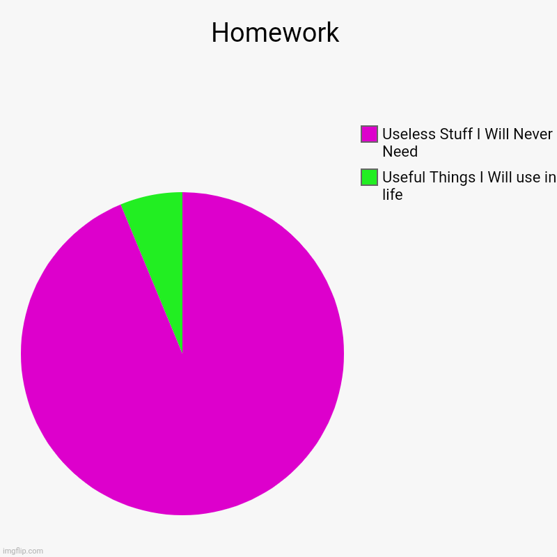 School Facts | Homework | Useful Things I Will use in life, Useless Stuff I Will Never Need | image tagged in charts,pie charts | made w/ Imgflip chart maker