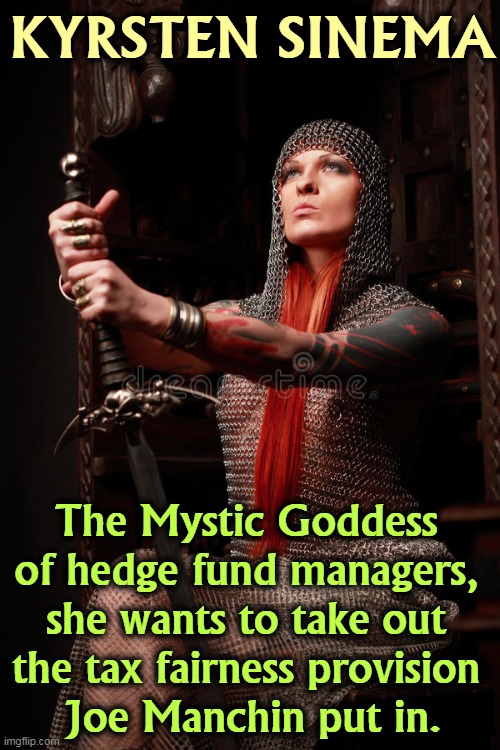 KYRSTEN SINEMA; The Mystic Goddess 
of hedge fund managers, 
she wants to take out 
the tax fairness provision 
Joe Manchin put in. | image tagged in ah yes the negotiator | made w/ Imgflip meme maker