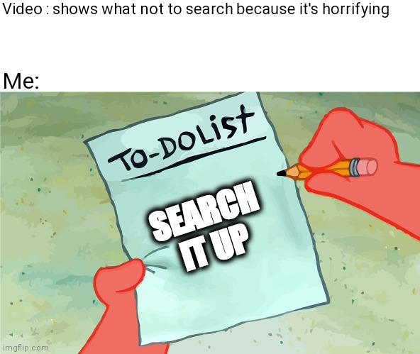 patrick to do list actually blank | Video : shows what not to search because it's horrifying; Me:; SEARCH IT UP | image tagged in patrick to do list actually blank | made w/ Imgflip meme maker