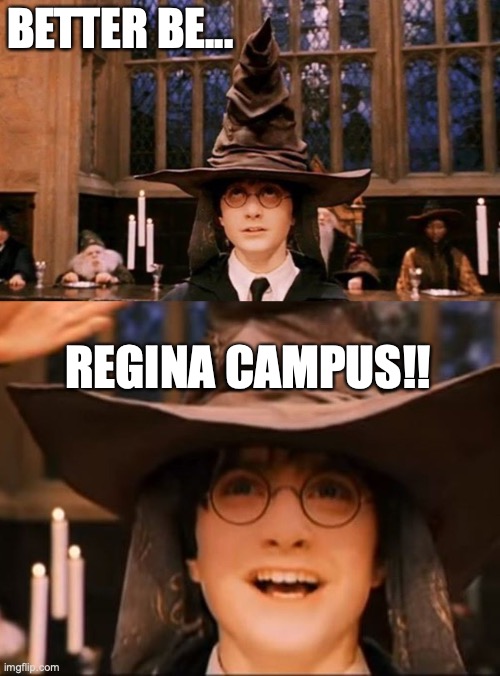 choosing Regina campus | BETTER BE... REGINA CAMPUS!! | image tagged in sorting hat,campus choice | made w/ Imgflip meme maker
