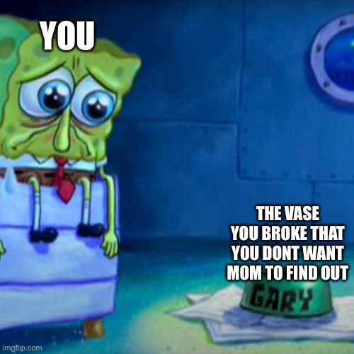 Gary Come Home | YOU; THE VASE YOU BROKE THAT YOU DONT WANT MOM TO FIND OUT | image tagged in gary come home,gary,spongebob,crying | made w/ Imgflip meme maker