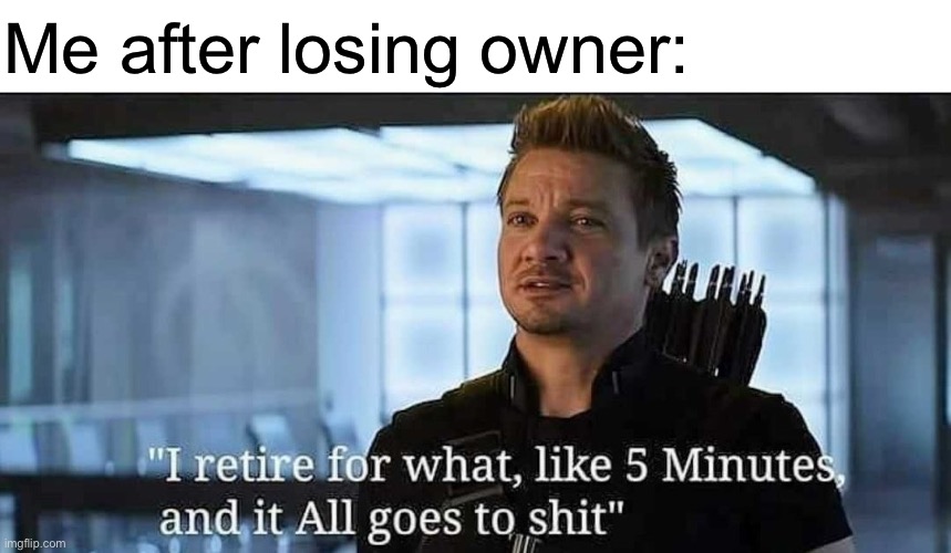 Hawkeye I retire for 5 minutes meme | Me after losing owner: | image tagged in hawkeye i retire for 5 minutes meme | made w/ Imgflip meme maker